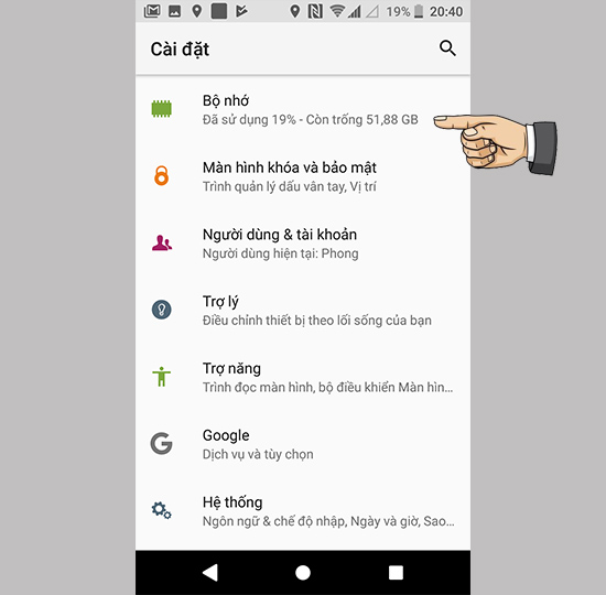 Vào cài đặt bộ nhớ